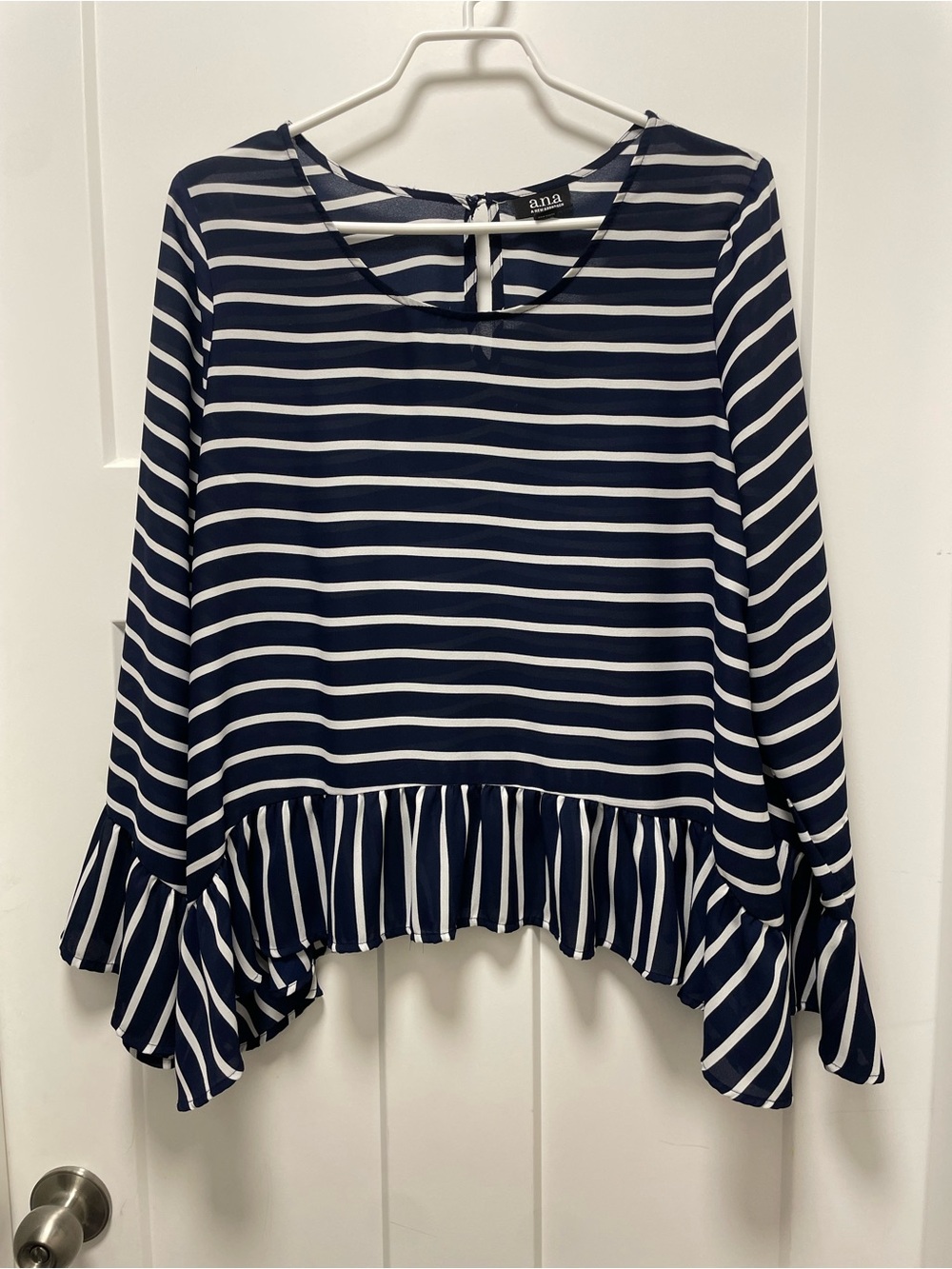 ANA Navy and White Striped Ruffle Hem Top